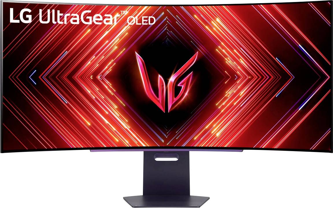Zakřivený monitor LG UltraGear OLED s výrazným červeným geometrickým designem na obrazovce, který zdůrazňuje dynamický a pohlcující vizuální zážitek.