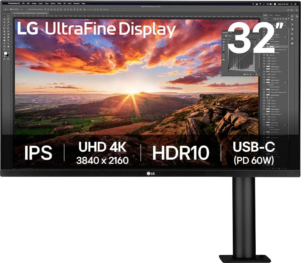 Monitor LG UltraFine 32" zobrazující živou krajinnou fotografii. Vlastnosti: IPS, UHD 4K (3840 x 2160), HDR10, USB-C (PD 60W).