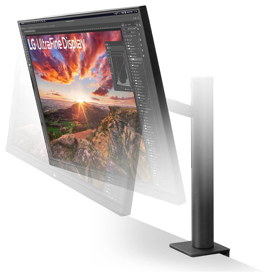 Monitor s nastavitelným náklonem zobrazující živoucí krajinu. Obrazovka zobrazuje editační software s textem 'LG UltraFine Display'.