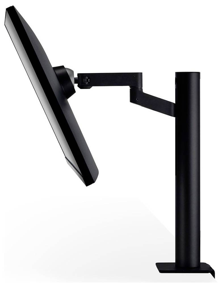 Boční pohled počítačového monitoru umístěného na nastavitelném stojanu, nakloněného dopředu, který zobrazuje ergonomický design pro flexibilní pozorovací úhly.