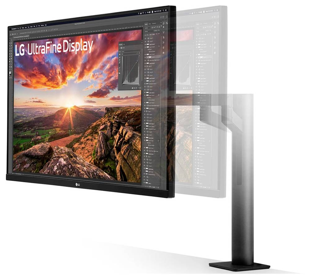 Monitor LG UltraFine Display zobrazující živoucí krajinnou fotografii, připevněný na černém nastavitelném rameni, demonstrující ergonomickou flexibilitu.