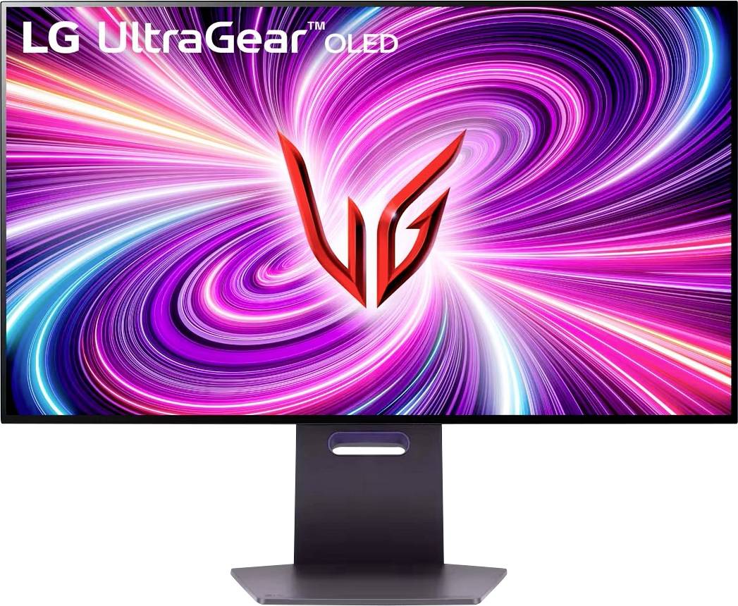Monitor zobrazuje logo 'LG UltraGear OLED' s živým, spirálovitým světelným vzorem v odstínech růžové a fialové v pozadí.