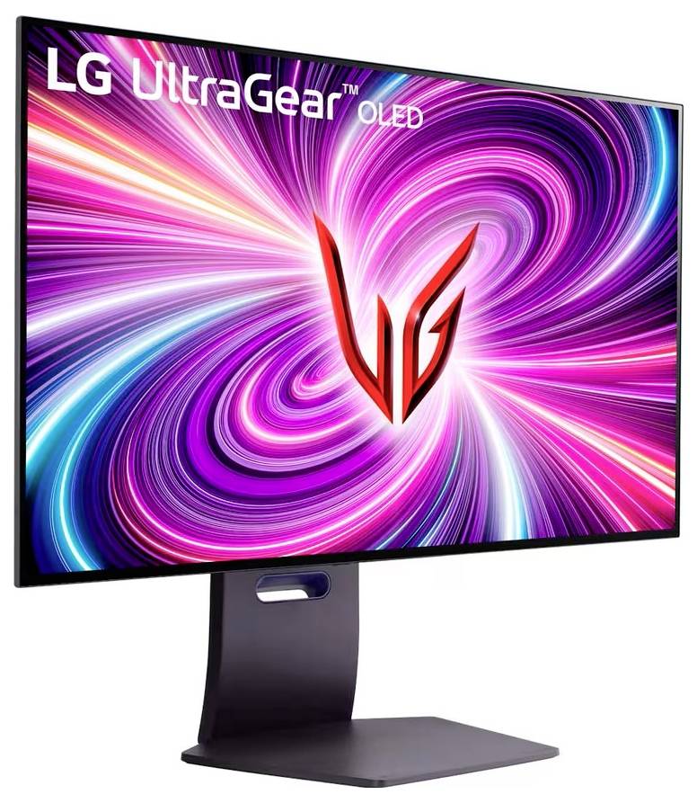 Monitor LG UltraGear OLED zobrazující dynamický vír světelných vzorů v růžové a fialové barvě, uprostřed s logem LG.