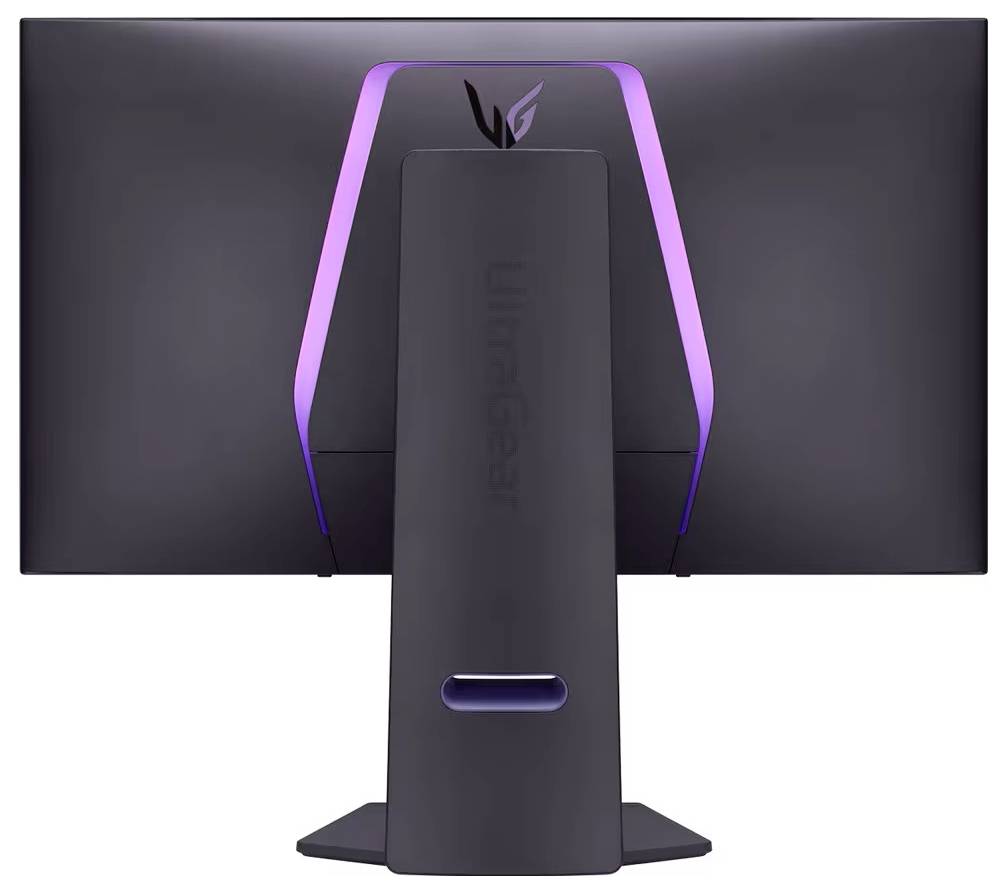 Obrázek ukazuje zadní stranu herního monitoru LG UltraGear s elegantním stojanem a výrazným LED osvětlením tvořícím tvar písmene "V".
