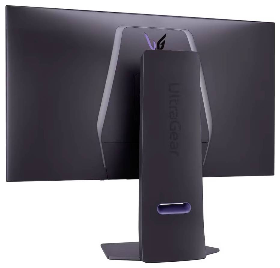 Elegantní monitor pohledem zezadu, s matným povrchem a logem 'UltraGear' na podstavci, který naznačuje zaměření pro hraní her.