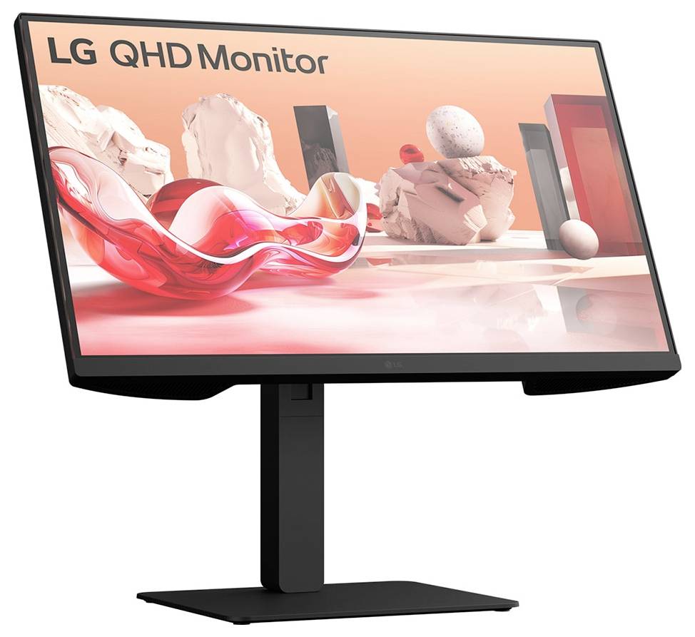 Elegantní monitor LG QHD s jasným displejem zobrazující živý abstraktní design v červených a broskvových tónech, který zdůrazňuje jeho barevnou přesnost a moderní design.