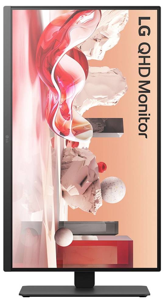 "LG QHD Monitor" na vysokém displeji s dynamickým červeno-bílým abstraktním uměleckým pozadím.