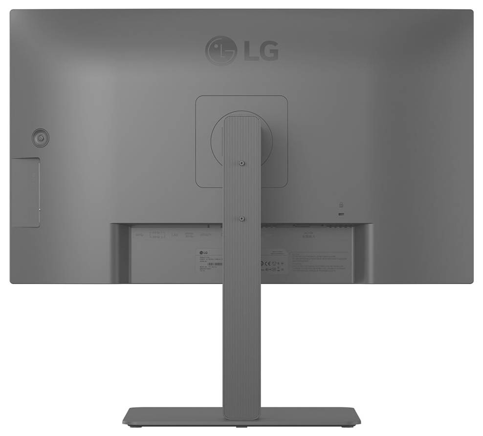 Pohled zezadu na počítačový monitor značky LG umístěný na stojanu. Design je minimalistický, zdůrazňující nastavitelný stojan a umístění portů.