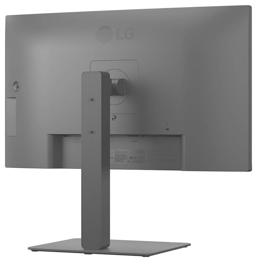 Pohled zezadu na počítačový monitor LG umístěný na stojanu, který ukazuje hladký zadní panel s logem a přípojkami skrytými z pohledu.