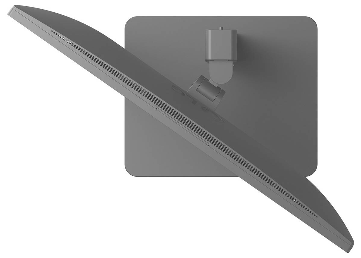 Plochý monitor sledovaný z nadhledu pod úhlem, zobrazující jeho stojan a zadní panel.