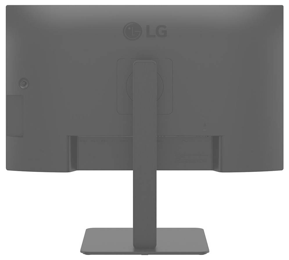 Obrázek zobrazuje zadní pohled na počítačový monitor společnosti LG umístěný na stojanu a vyznačující se minimalistickým designem s centrálně umístěným stojanem pro podporu.