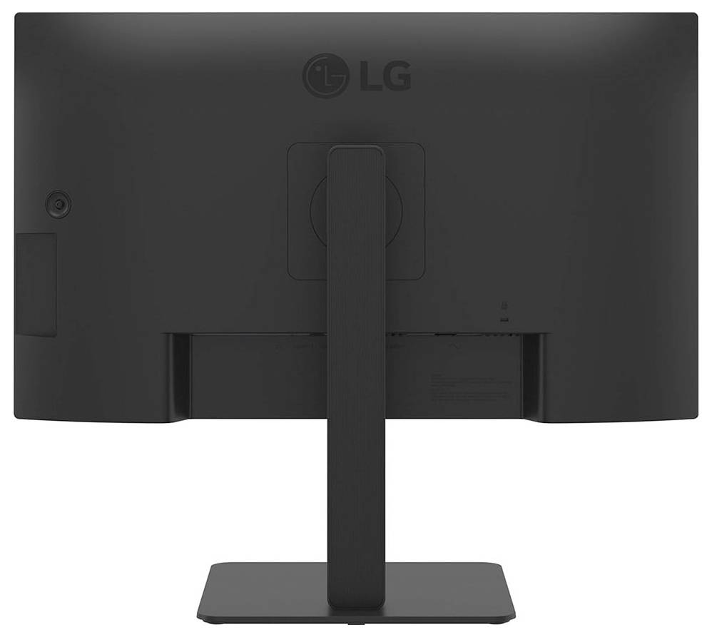Obrázek ukazuje zadní stranu počítačového monitoru značky LG s obdélníkovým stojanem. Monitor je černý a má minimalistický design.
