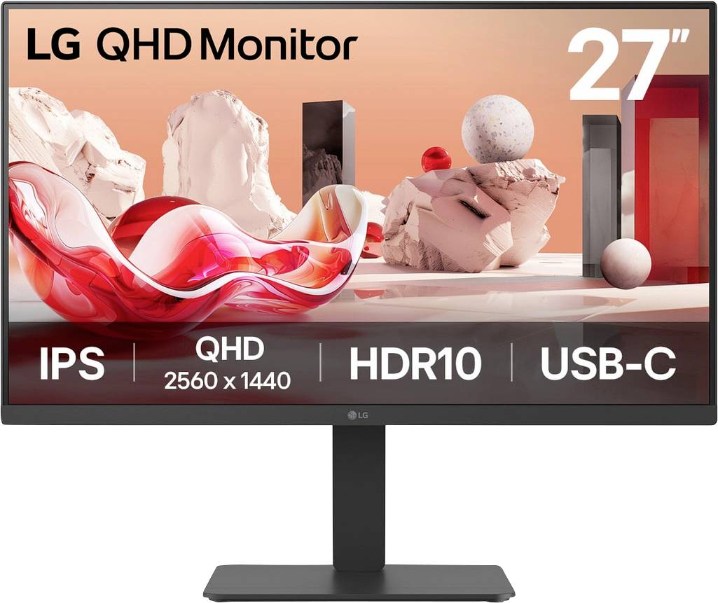 Monitor LG QHD s 27palcovou obrazovkou, technologií IPS, rozlišením QHD 2560x1440, podporou HDR10 a připojením USB-C v elegantním designu.