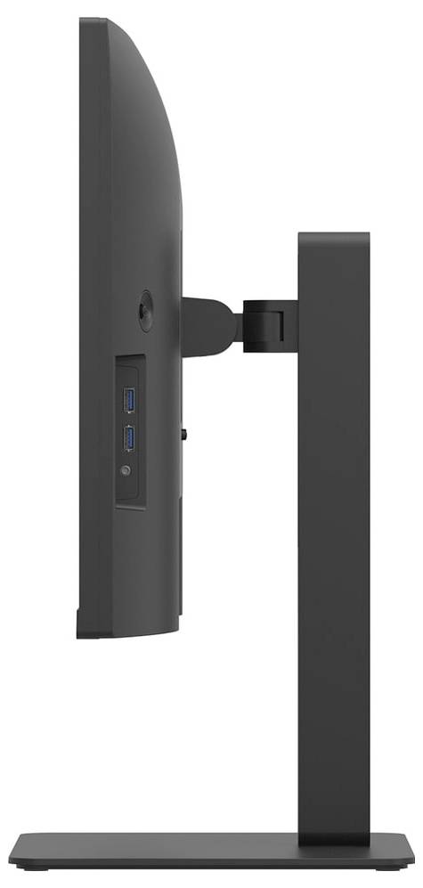 Boční pohled na černý počítačový monitor na stojanu, zobrazující porty na straně a jednoduché, elegantní designové provedení.