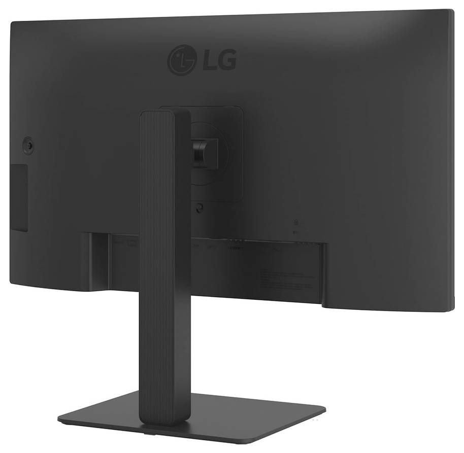 Pohled zezadu na černý počítačový monitor značky LG umístěný na obdélníkovém stojanu, který zobrazuje firemní logo a mechanismus pro nastavení výšky.
