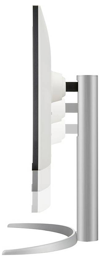 Boční pohled na moderní, štíhlý počítačový monitor umístěný na elegantním, zakřiveném stojanu.