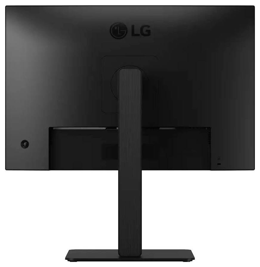 Obrázek znázorňuje zadní pohled na počítačový monitor značky LG se čtvercovou základnou a elegantním, minimalistickým designem.