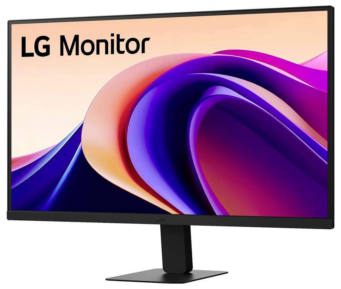 Monitor LG zobrazující abstraktní barevné vlny v růžové, fialové a modré barvě.