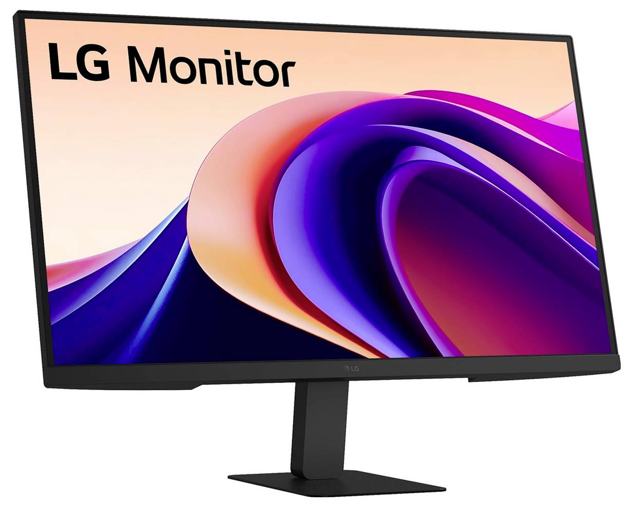 Monitor LG s elegantním designem zobrazuje barevné abstraktní pozadí na obrazovce.