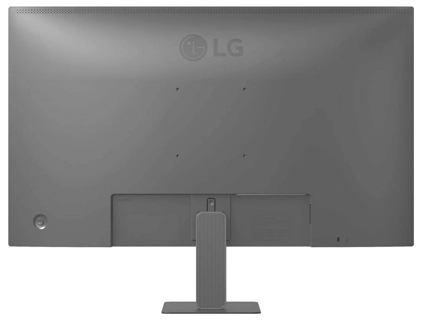 Obrázek zobrazuje pohled zezadu na monitor LG s šedým povrchem, který je vybaven obdélníkovým stojanem a otvory pro upevnění na zeď.