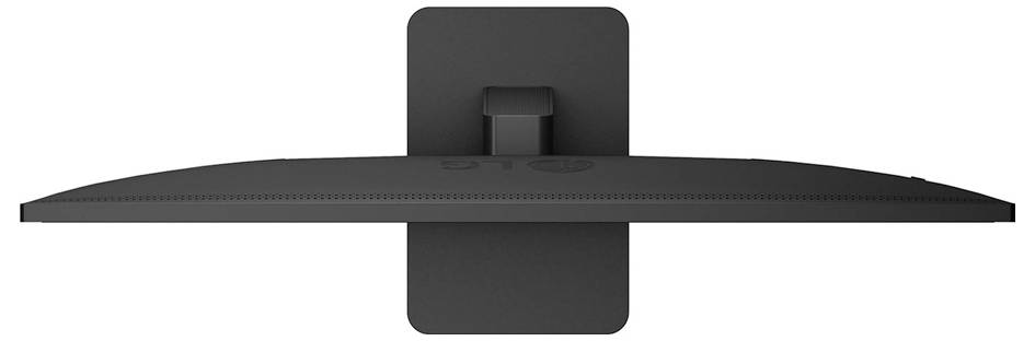 Pohled shora na plochý displej s prohnutým designem, který zobrazuje zadní panel a připojení stojanu, prezentující elegantní a minimalistický vzhled.