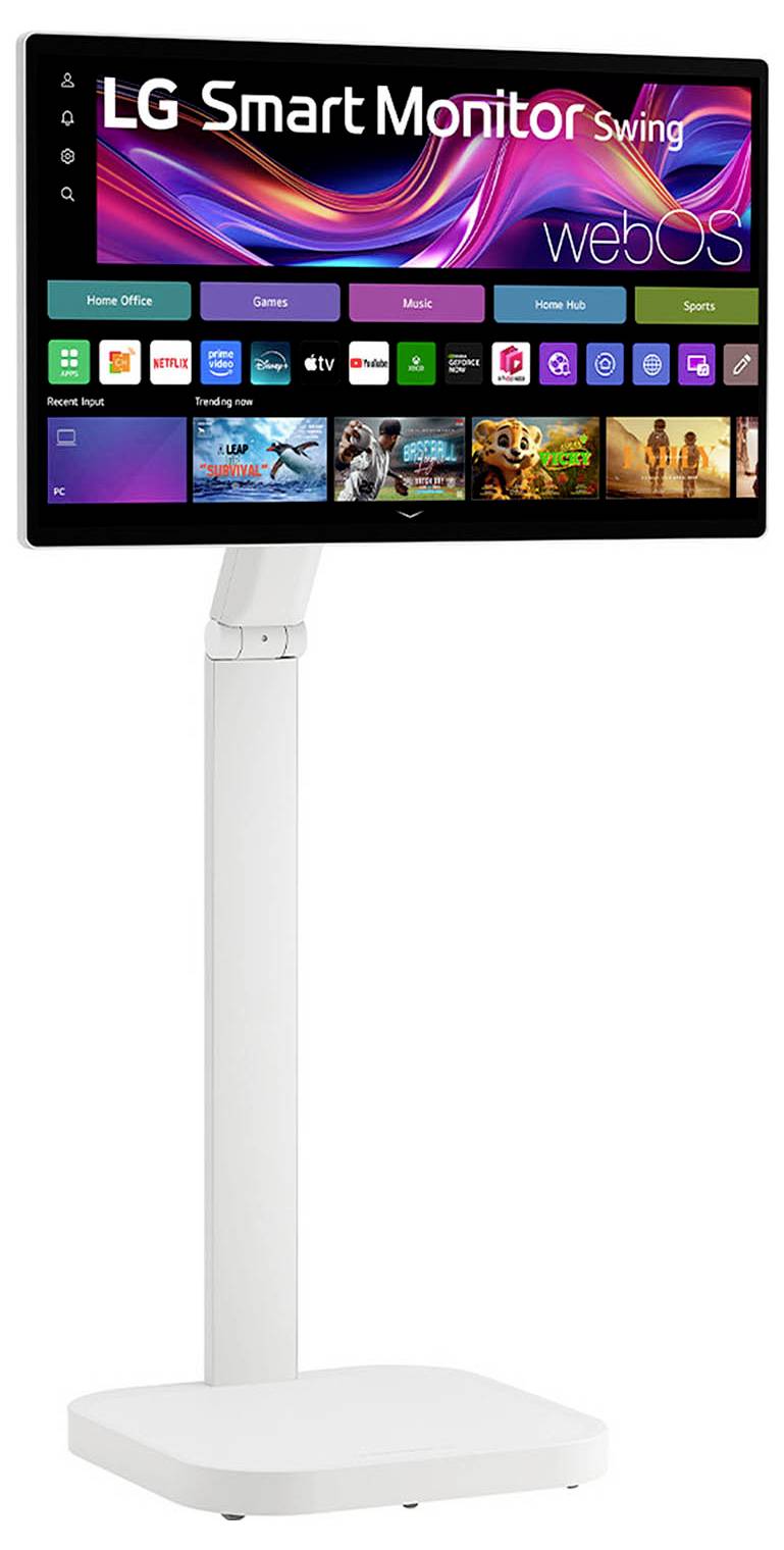 Stojanový monitor LG Smart Monitor s rozhraním webOS, na jehož obrazovce jsou zobrazeny různé ikony aplikací, jako jsou Netflix, YouTube a Apple TV.