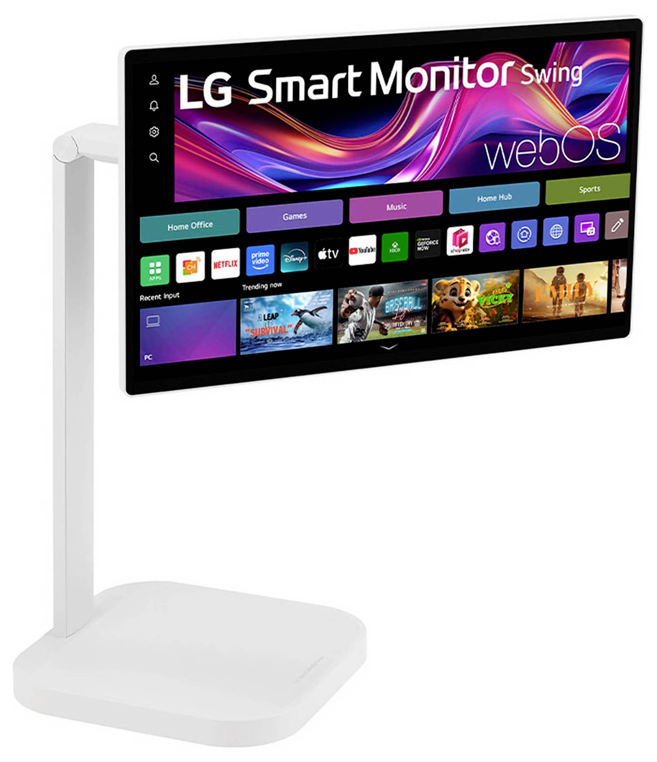Moderní monitor LG Smart Monitor na bílém stojanu zobrazuje různé ikony aplikací, včetně YouTube, Netflixu a Apple TV, pod živými grafickými prvky.
