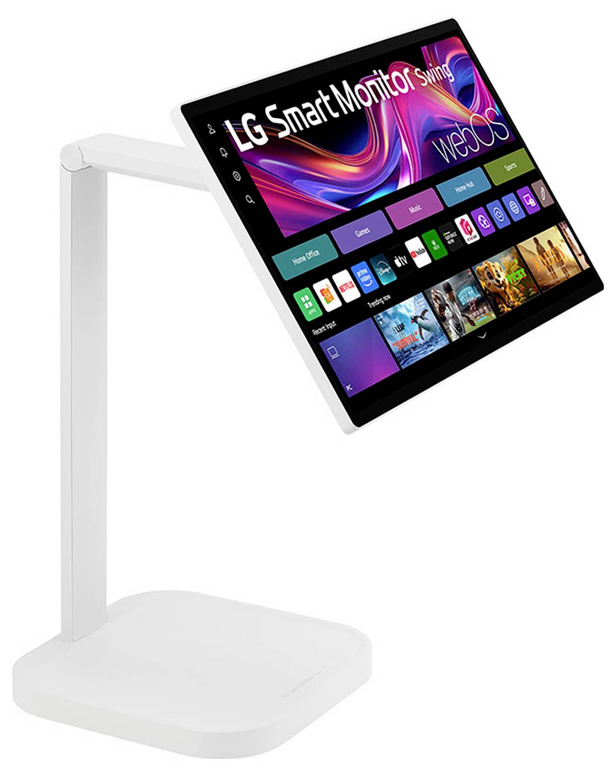 Elegantní, bílý monitor LG Smart Monitor umístěný na stojanu, zobrazující barevnou domovskou obrazovku webOS s různými ikonami aplikací a živým pozadím.