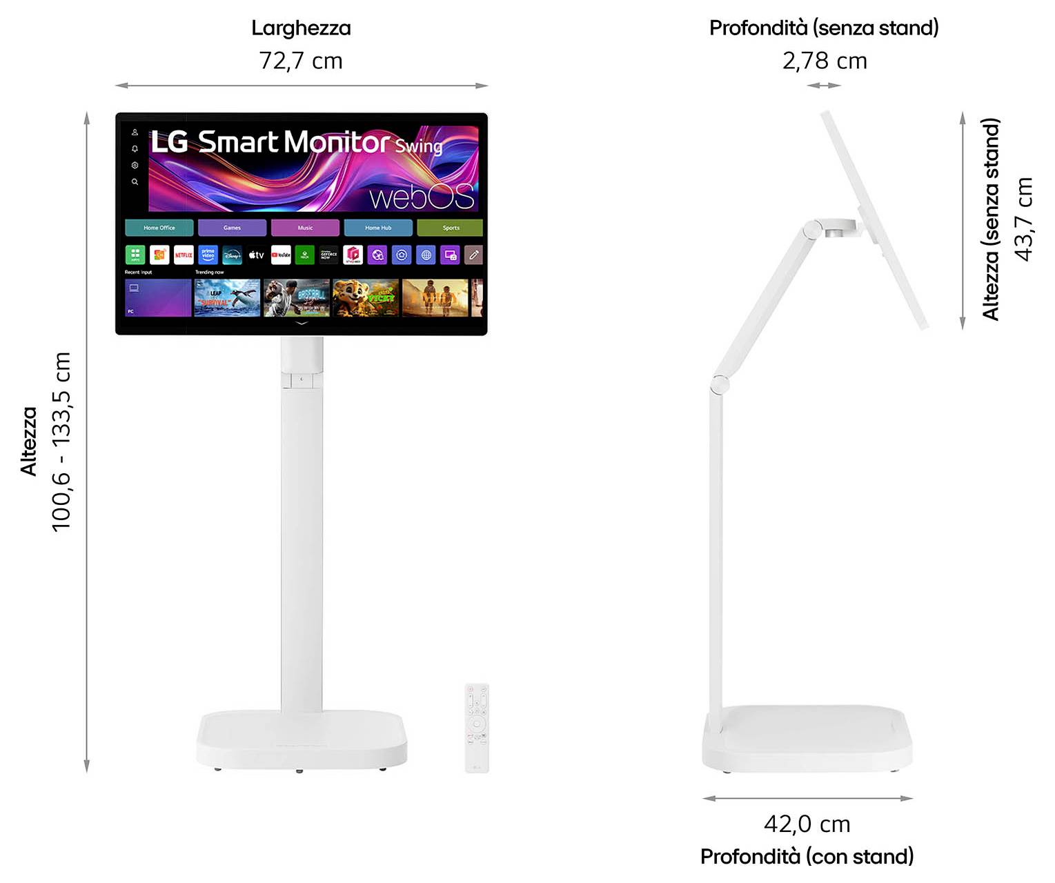 Chytrý monitor LG se stojanem v bílé barvě s nastavitelnou výškou, zobrazující rozhraní webOS na obrazovce. Rozměry: šířka 72,7 cm, hloubka 42 cm, výška nastavitelná od 100,6 do 133,5 cm.