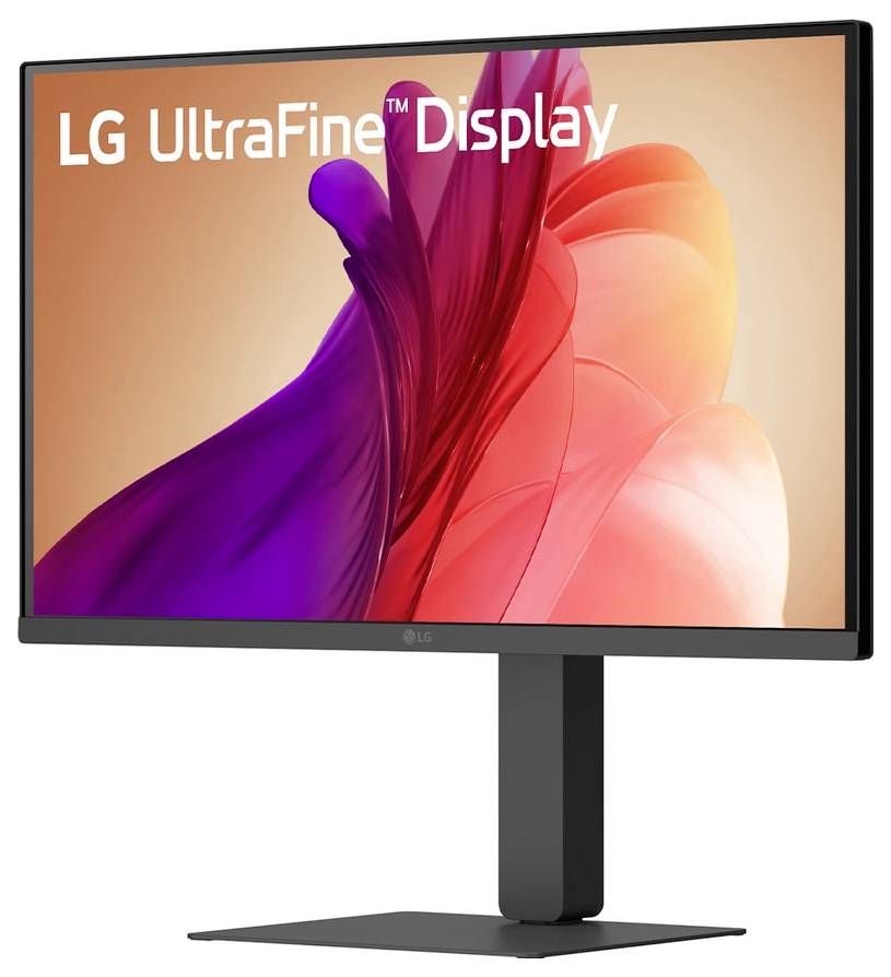 Monitor LG UltraFine Display zobrazující abstraktní červené a fialové tekuté tvary na obrazovce, který zdůrazňuje živé barevné schopnosti monitoru.