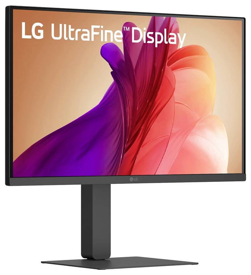 Monitor LG UltraFine Display se živým červeným a fialovým abstraktním designem na obrazovce, vybavený elegantním, moderním stojanem.