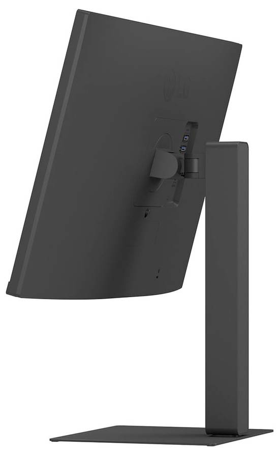 Černý monitor pohledem z boku, zobrazující nastavitelný stojan a minimalistický design bez viditelných tlačítek nebo portů.