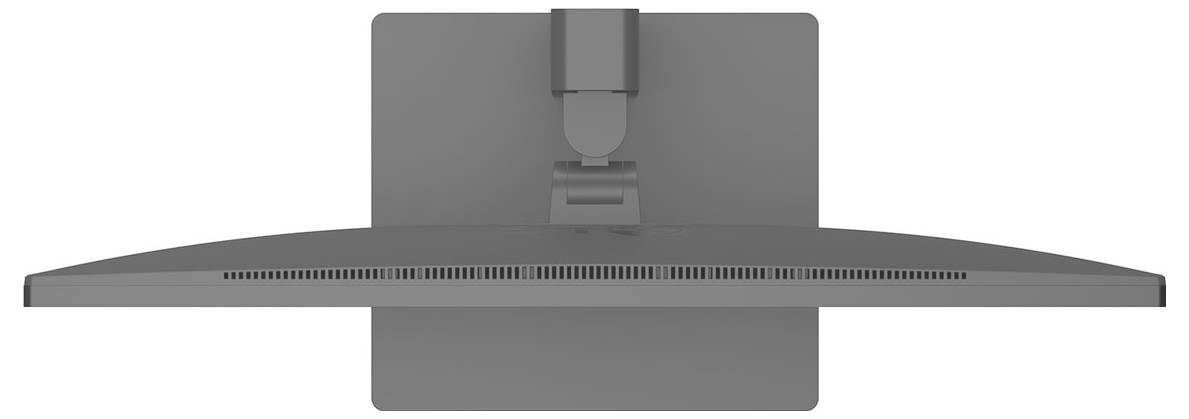 Pohled shora na tenký, zakřivený šedý monitor umístěný na stojanu, který předvádí elegantní design a moderní estetiku.