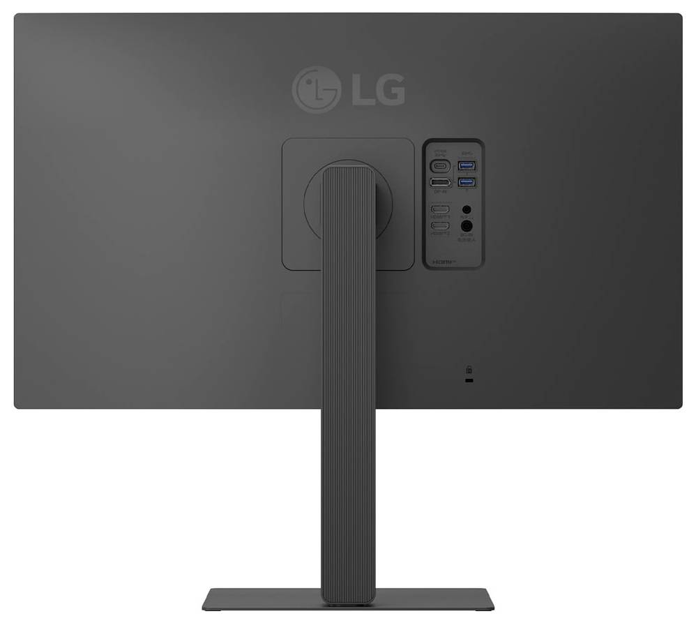 Černý monitor LG je zobrazen zezadu a ukazuje jeho stojan a připojení portů včetně vstupů HDMI, USB a napájení.
