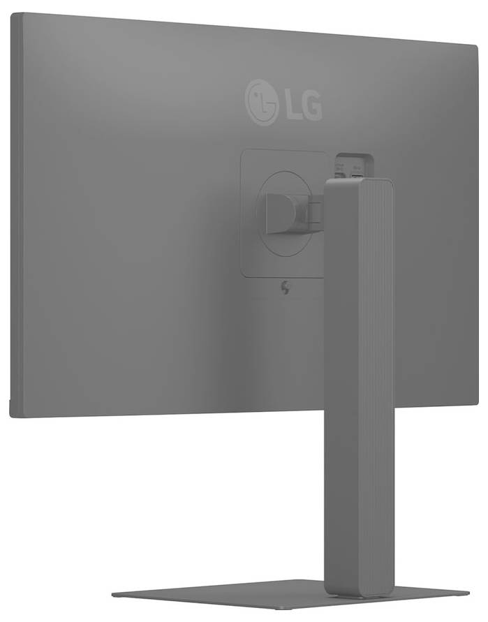 Moderní monitor LG pohledem zezadu, vyznačující se elegantním, minimalistickým designem s pravoúhlým stojanem, který drží obrazovku ve vzpřímené poloze.