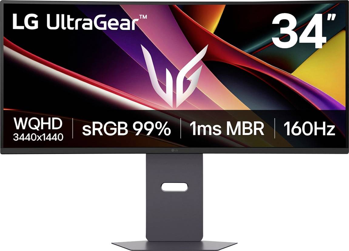 Monitor LG UltraGear s úhlopříčkou 34 palců s rozlišením WQHD 3440x1440, pokrytím barevného prostoru sRGB 99 %, odezvou 1 ms s technologií MBR a obnovovací frekvencí 160 Hz, zobrazený na obrazovce.