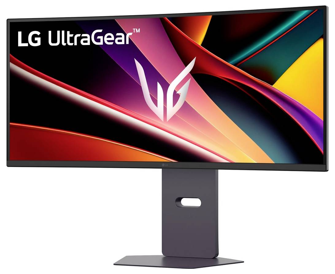 Široký monitor zobrazující 'LG UltraGear' s barevným abstraktním designem a centrálním logem na obrazovce.
