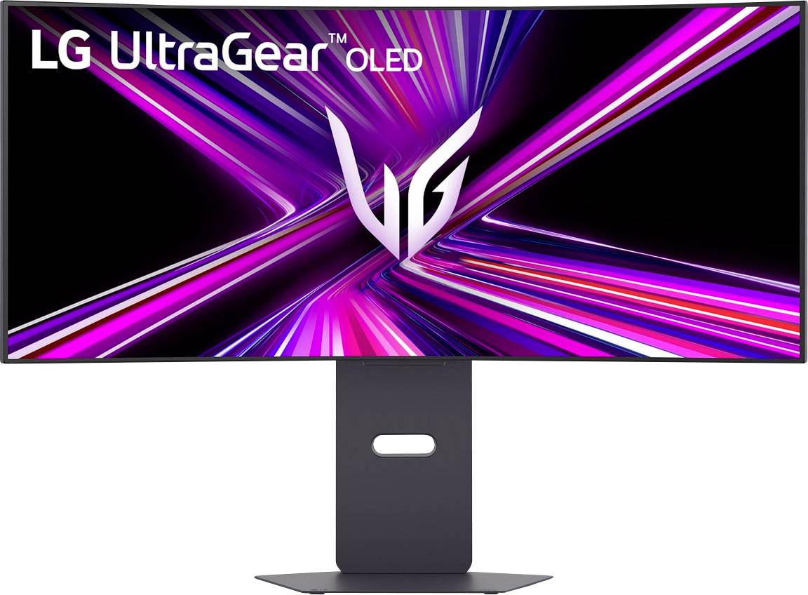Herní monitor LG UltraGear OLED s živými růžovými a fialovými světelnými tahy na obrazovce, který zdůrazňuje jeho pokročilou displej technologii.