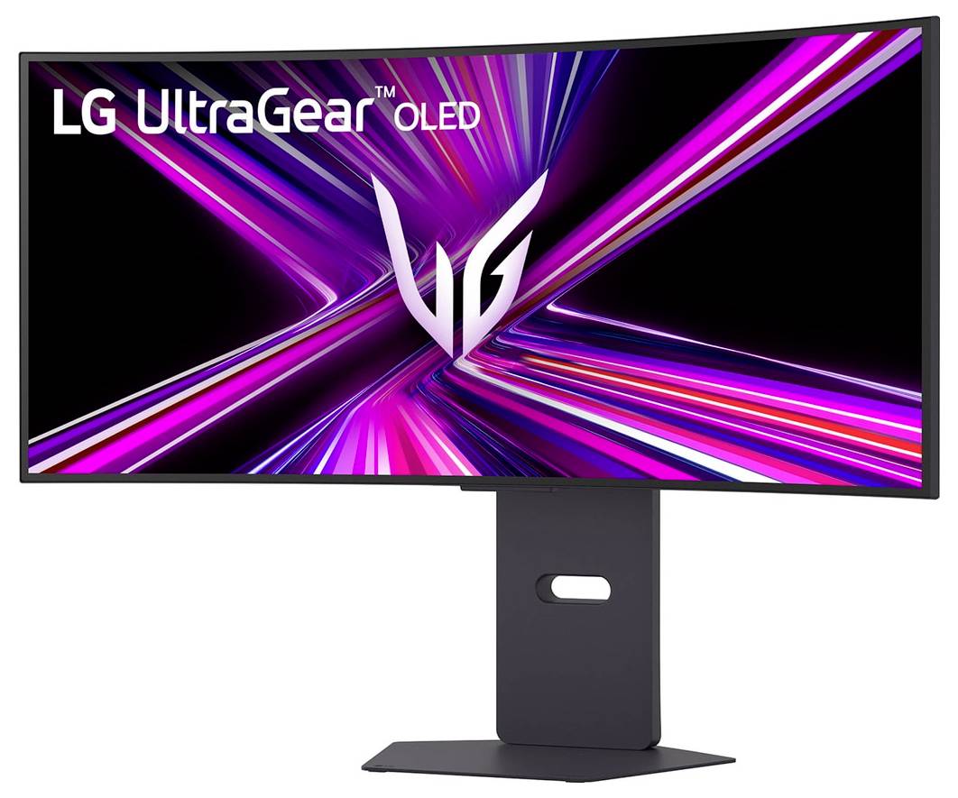 Zakřivený monitor LG UltraGear OLED s živými fialovými a růžovými světelnými pruhy na obrazovce, který ukazuje jeho elegantní design a vysoce kvalitní displej.