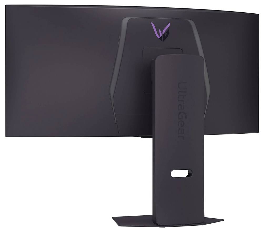 Elegantní, velký, zahnutý počítačový monitor s širokým stojanem a logem "UltraGear", navržený pro pohlcující herní zážitky.