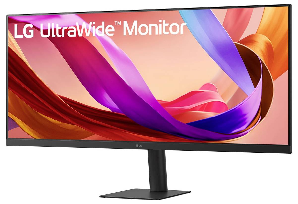 Monitor LG UltraWide zobrazuje barevné víří pásky na obrazovce, předvádějící zářivé odstíny a ultširoký design.