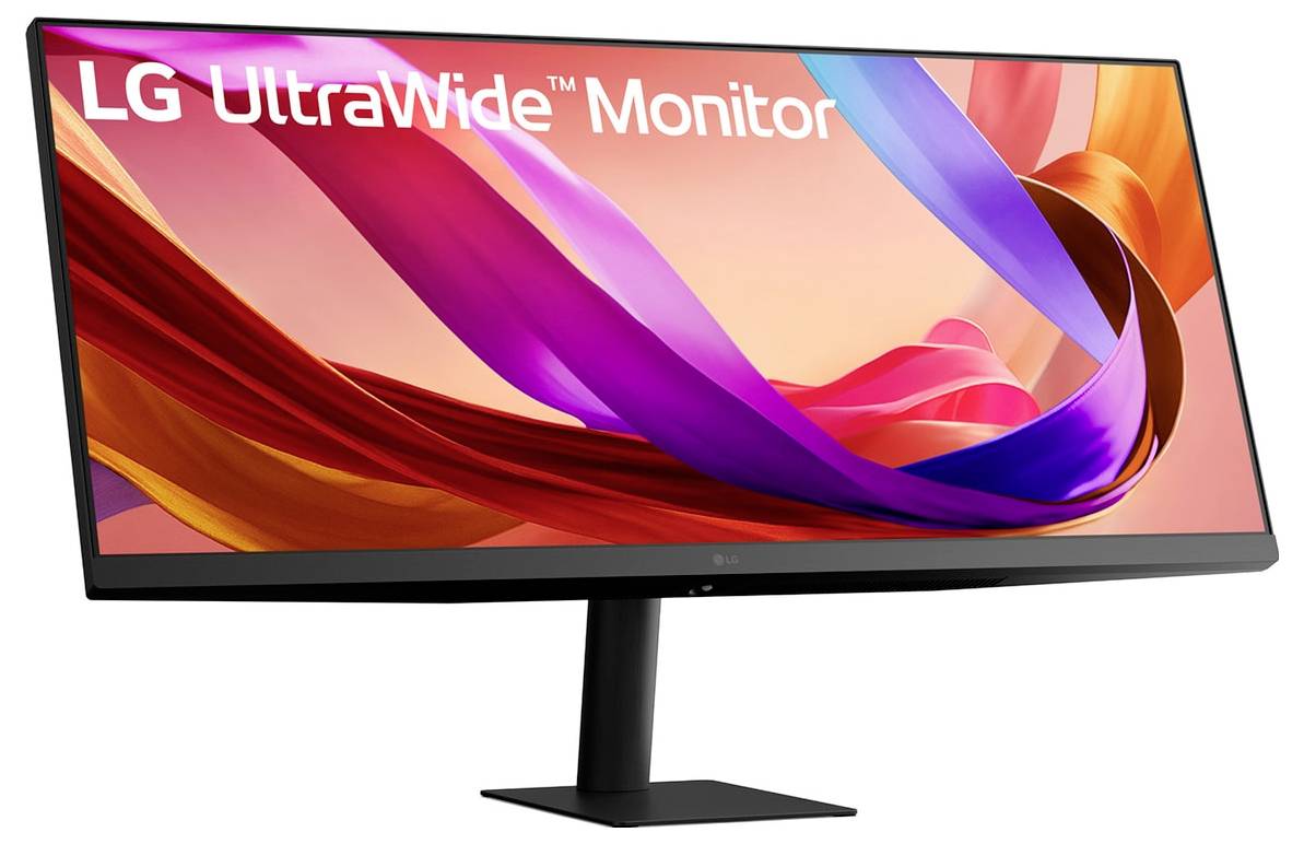 Monitor s širokým panoramatickým záběrem s živými, vírovitými barvami zobrazenými na obrazovce. Text 'LG UltraWide Monitor' je zobrazen v horní části.