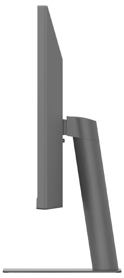 Boční pohled na štíhlý počítačový monitor umístěný na elegantním, moderním stojanu.