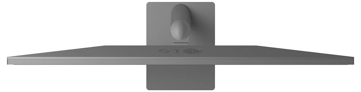Tenký, plochý monitor s obrazovkou pohledový shora, který vykazuje elegantní design s logem LG na zadním panelu a minimalistickým stojanem.