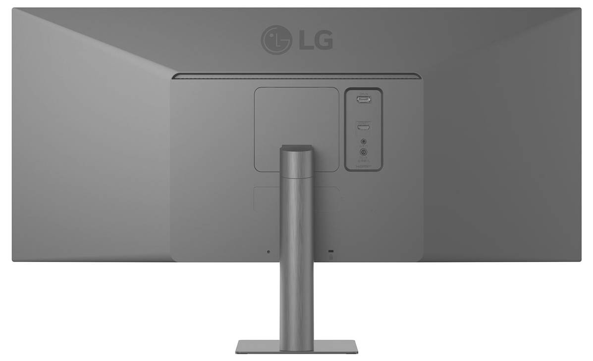 Zadní pohled na širokobrazovkový monitor LG zobrazující porty a připojení stojanu.