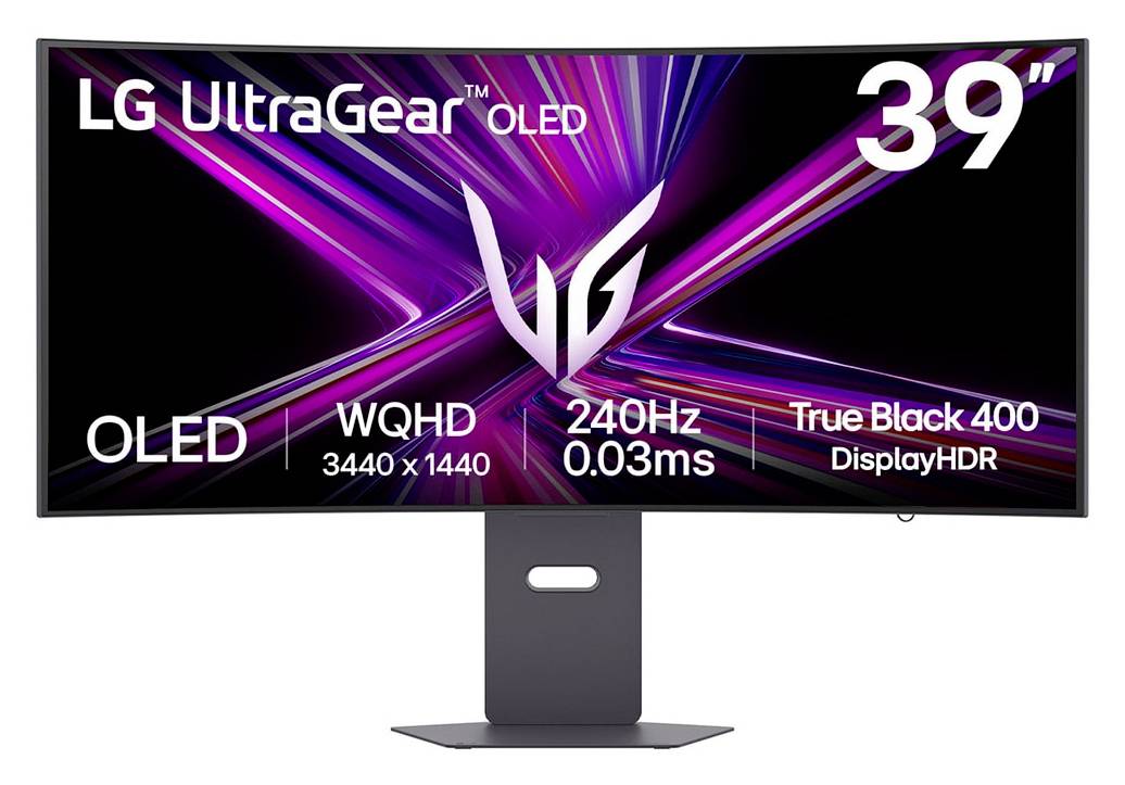 Obrázek ukazuje monitor LG UltraGear OLED s úhlopříčkou 39 palců, rozlišením 3440x1440, obnovovací frekvencí 240 Hz a certifikací DisplayHDR True Black 400.