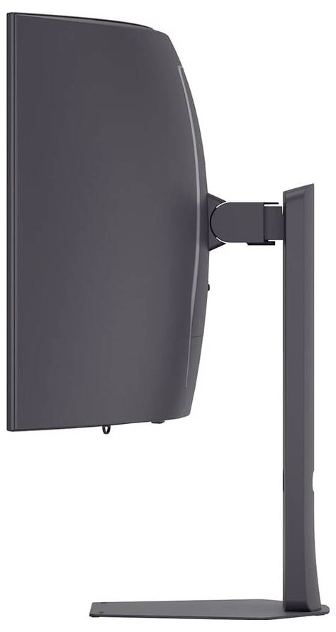 Boční pohled na zakřivený počítačový monitor na stojanu, který ukazuje jeho elegantní profil a nastavitelný kloubový mechanismus.
