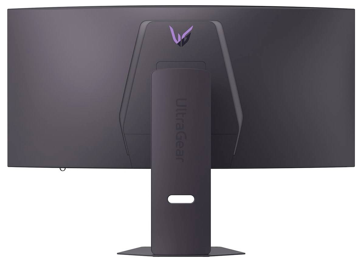 Obrázek zobrazuje zadní stranu monitoru UltraGear v tmavém provedení s firemním stojanem a logem poblíž horního středu.