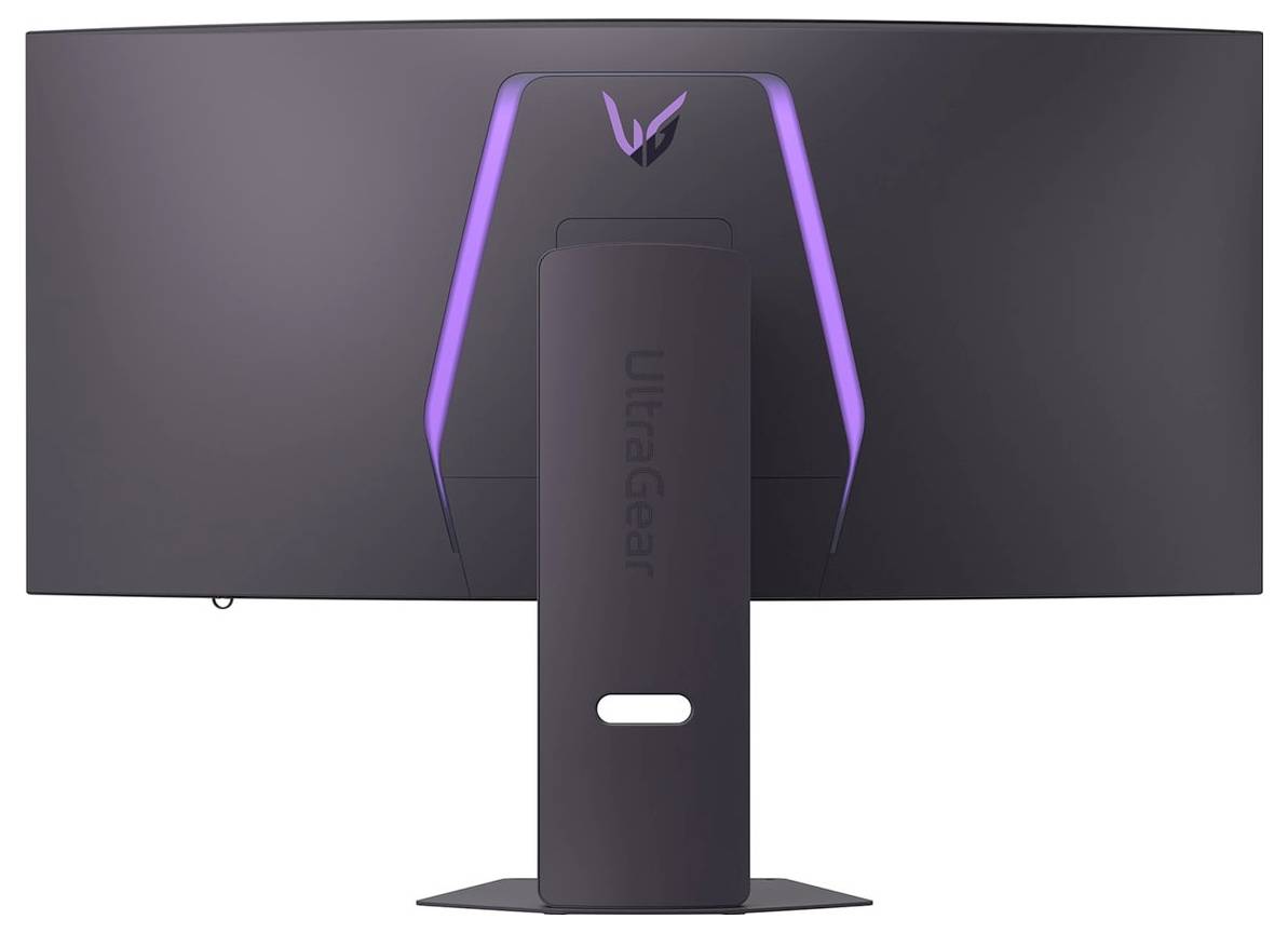 Pohled zezadu na herní monitor LG UltraGear s osvětleným logem a elegantním designem, který zdůrazňuje jeho moderní estetiku.