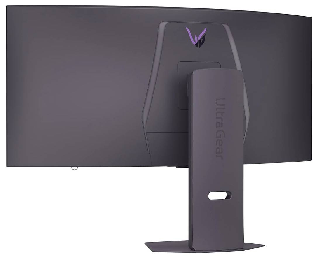 Zadní pohled na plochý monitor značky 'UltraGear' s elegantním designem a robustním stojanem.